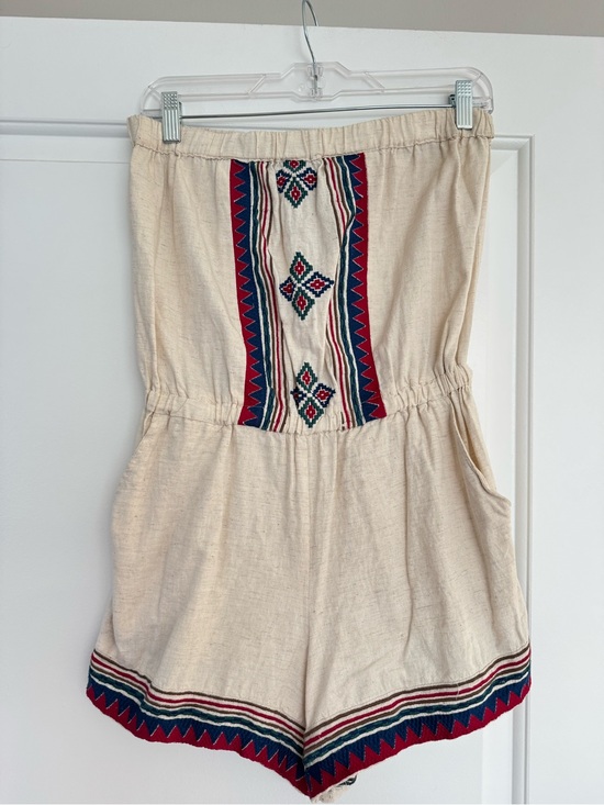 Angie Pants - Angie Cream Strapless Embroidered Romper with Red & Navy Accents